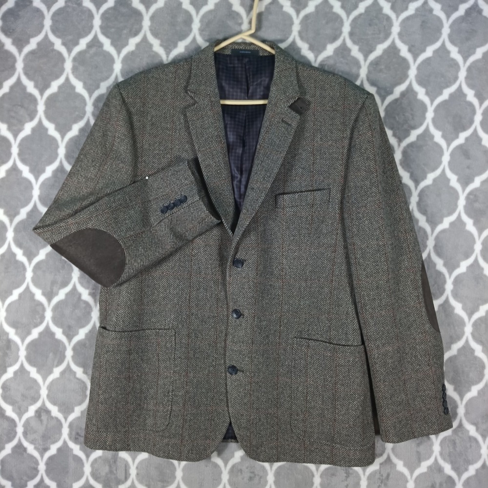 Joe Joseph Abboud Blazer Mens 46R Grey Herringbone Wool Elbow Patch Sport Coat